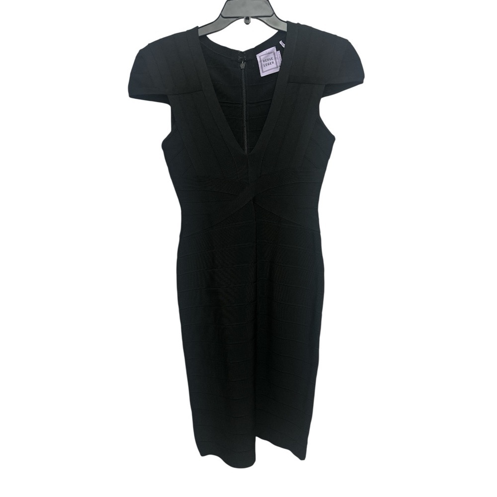 Herve Leger Cap Sleeve Deep V Bandage Midi Dress Size Large Black Bodycon